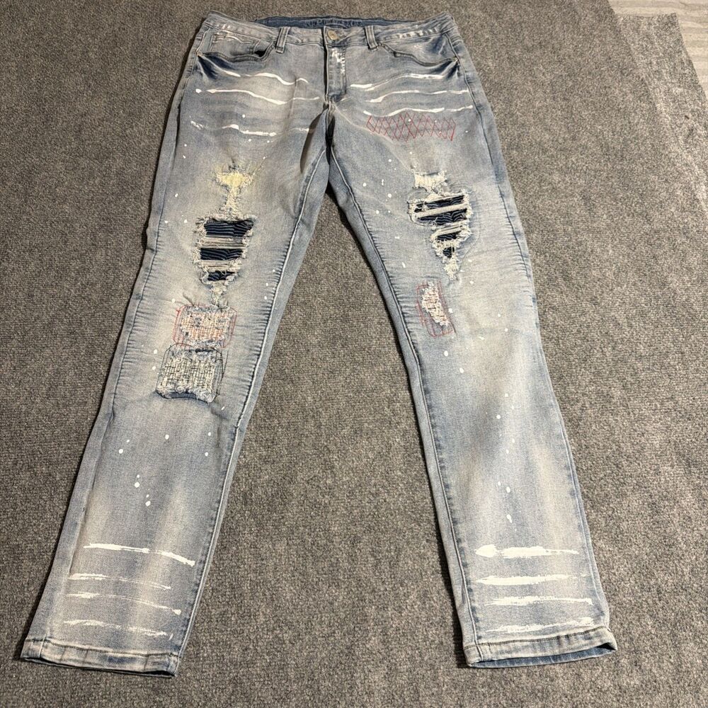 rue21 Denim Jeans Mens 36x32 Blue Tapered Premium Slim Supreme Flex Distressed